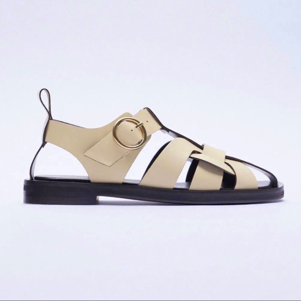 New Zara leather cage flat driver sandals size 10 light tan